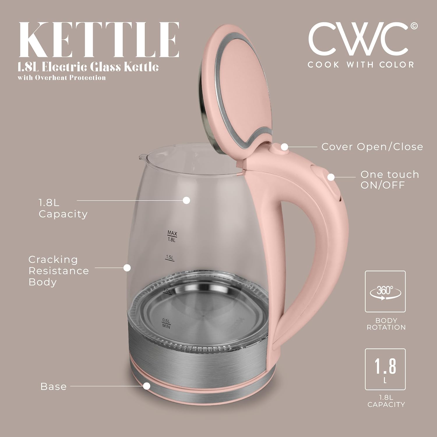 COOK WITH COLOR Hervidor eléctrico de vidrio 1.8L – Hervidor rápido, diseño elegante y características de seguridad – Ideal para rápido y fácil,