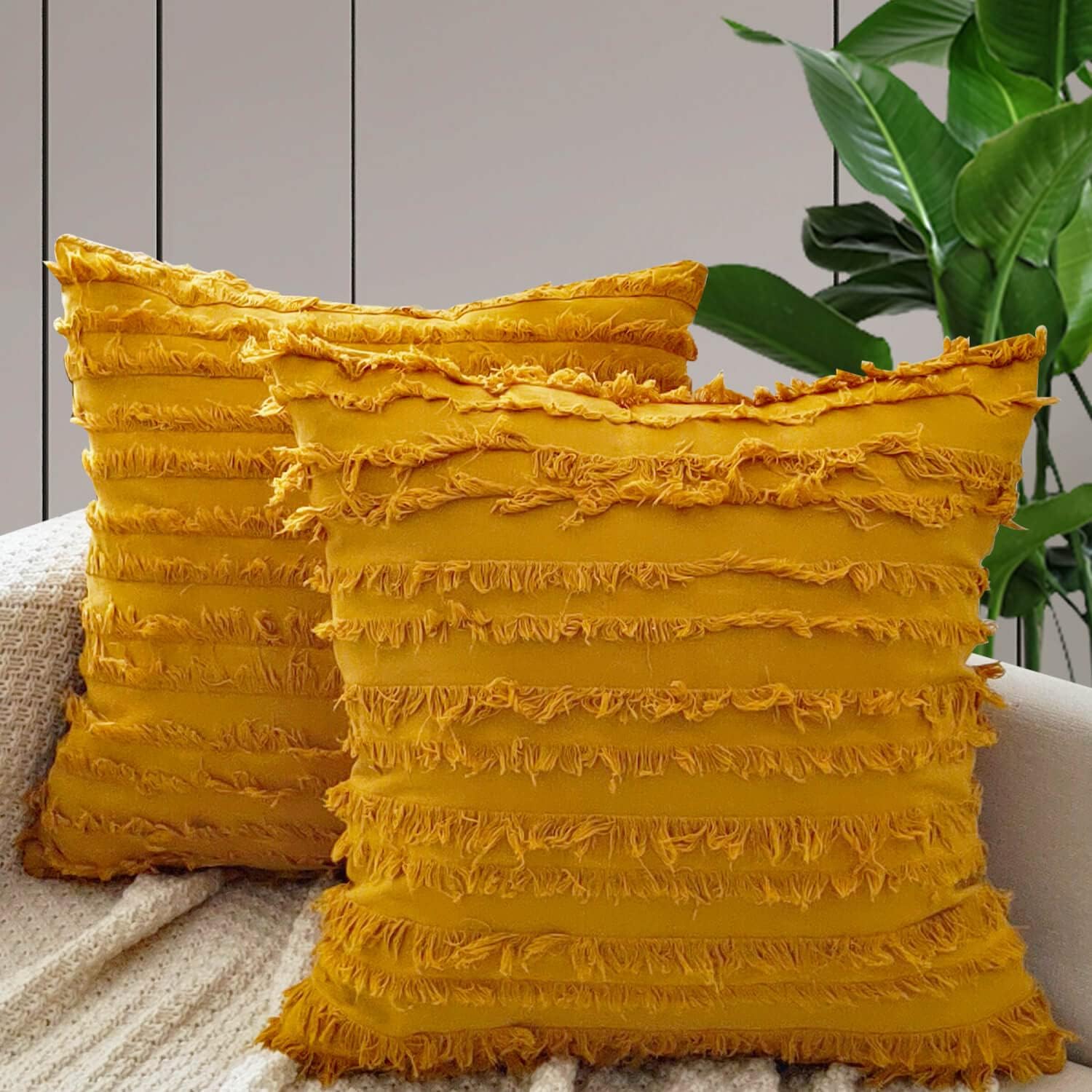Juego de 2 fundas de almohada decorativas de lino bohemio a rayas jacquard patrón cuadrado para decoración del hogar, sofá, sala de estar,