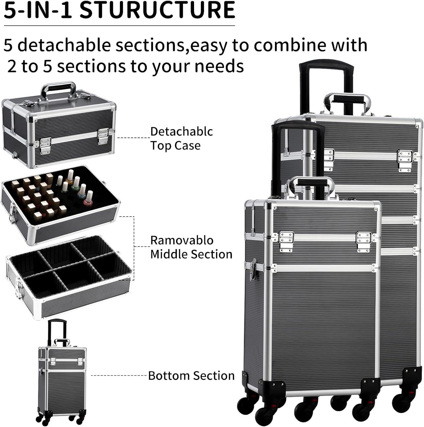 5 en 1 Rolling Maquillaje Tren Caja Profesional Grande Almacenamiento Carro Cosmético, Negro –