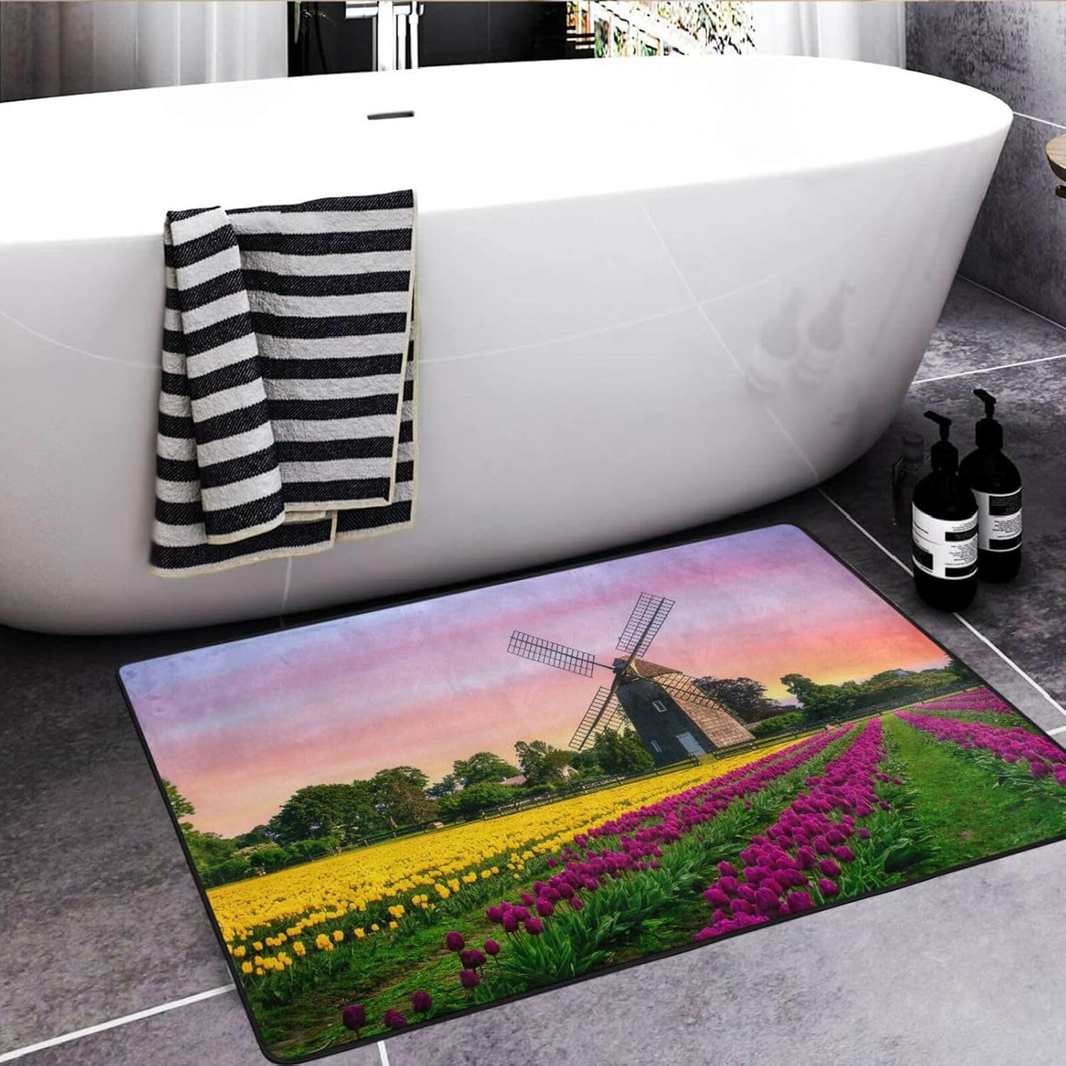Windmill Tulip Meadow – Tapetes de cocina lavables para el suelo, tapetes de cocina antideslizantes para baño, bañera, ducha, tapete absorbente para