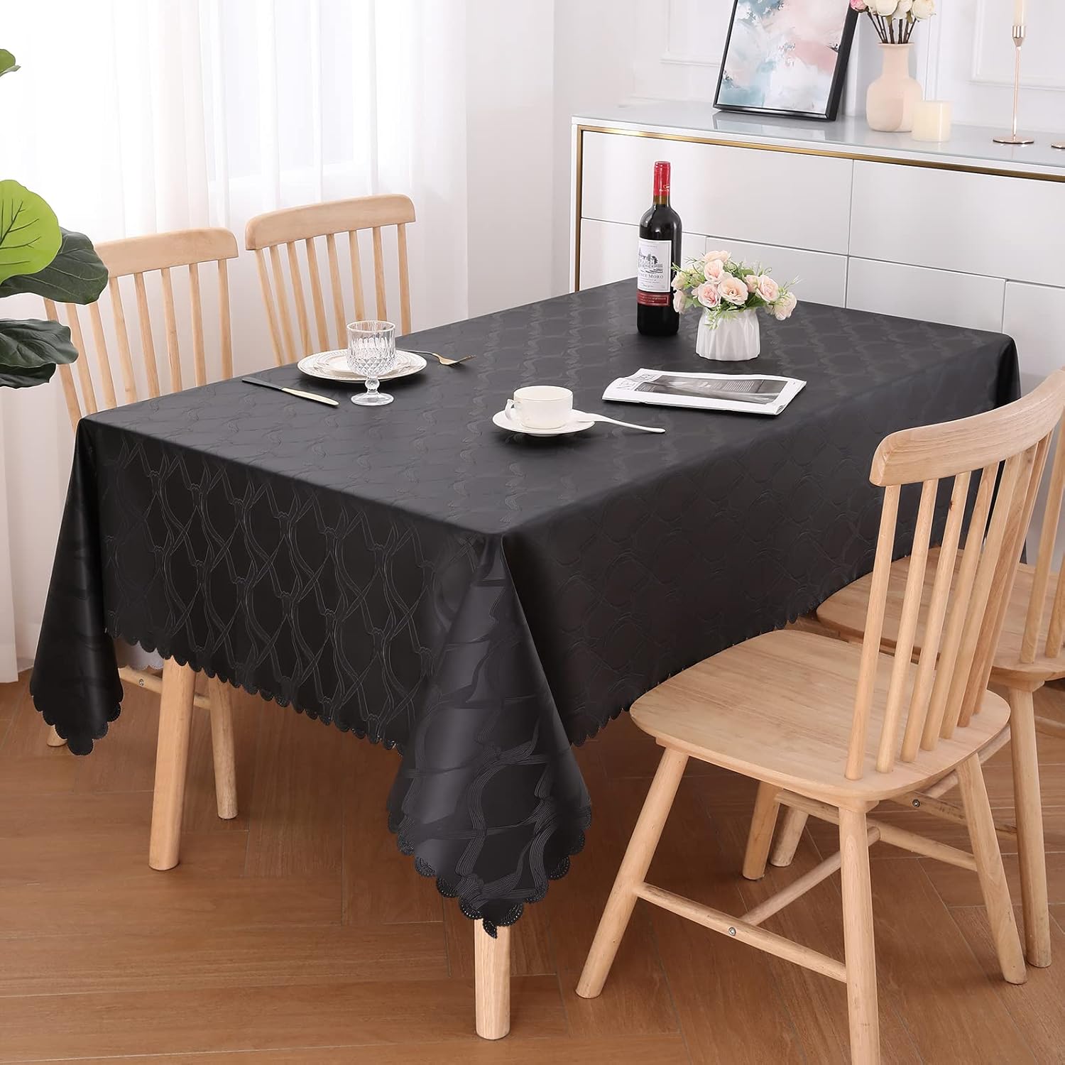 misaya Mantel rectangular de vinilo, 100% impermeable, resistente para mesas rectangulares, mantel lavable para cocina, cena, fiesta (negro, 60 x 84