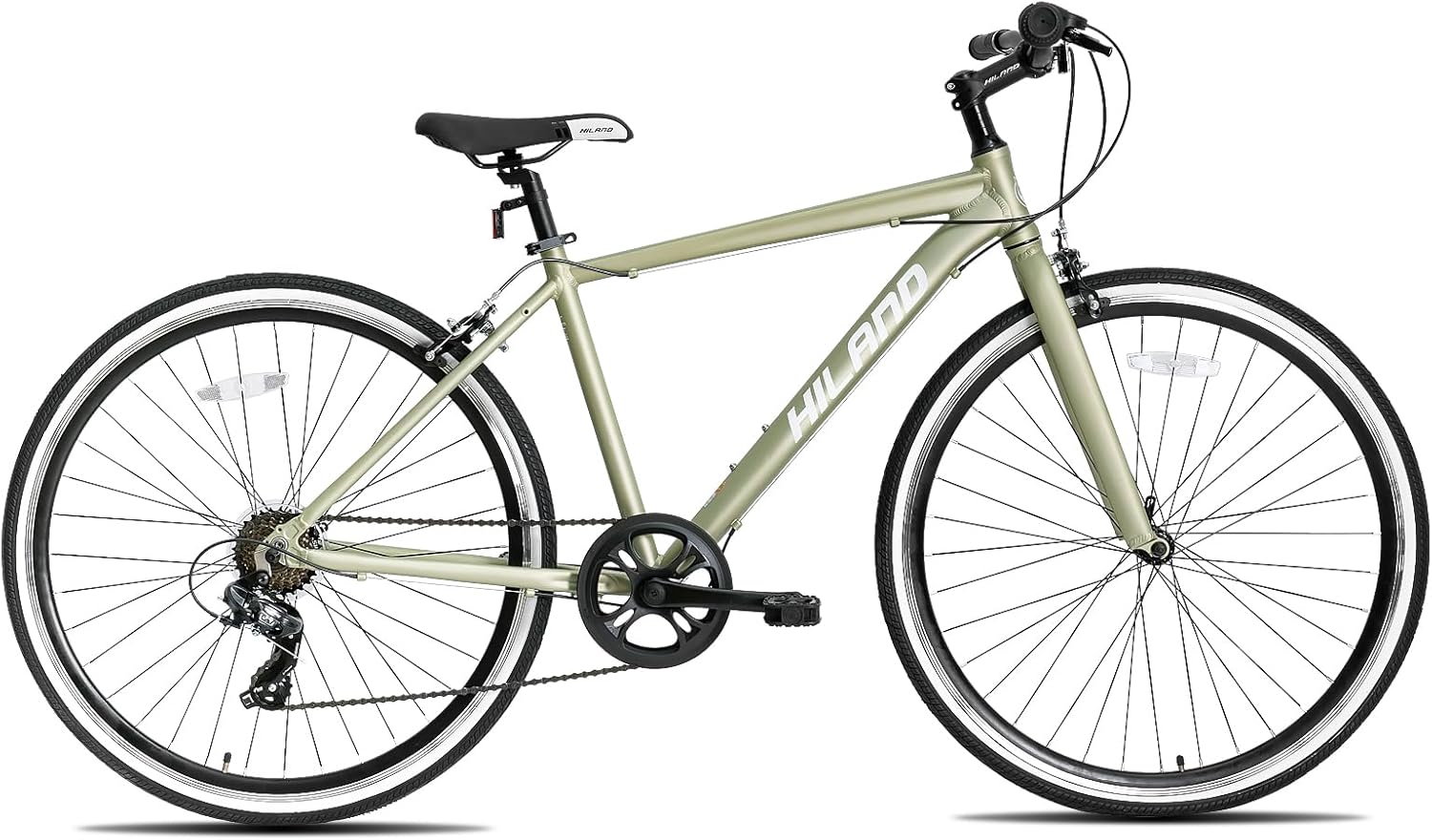 Hiland – Bicicleta híbrida para hombre y mujer, marco de paso o paso a través, ruedas 700C, bicicleta urbana Shimano Drivetrain de 7 velocidades