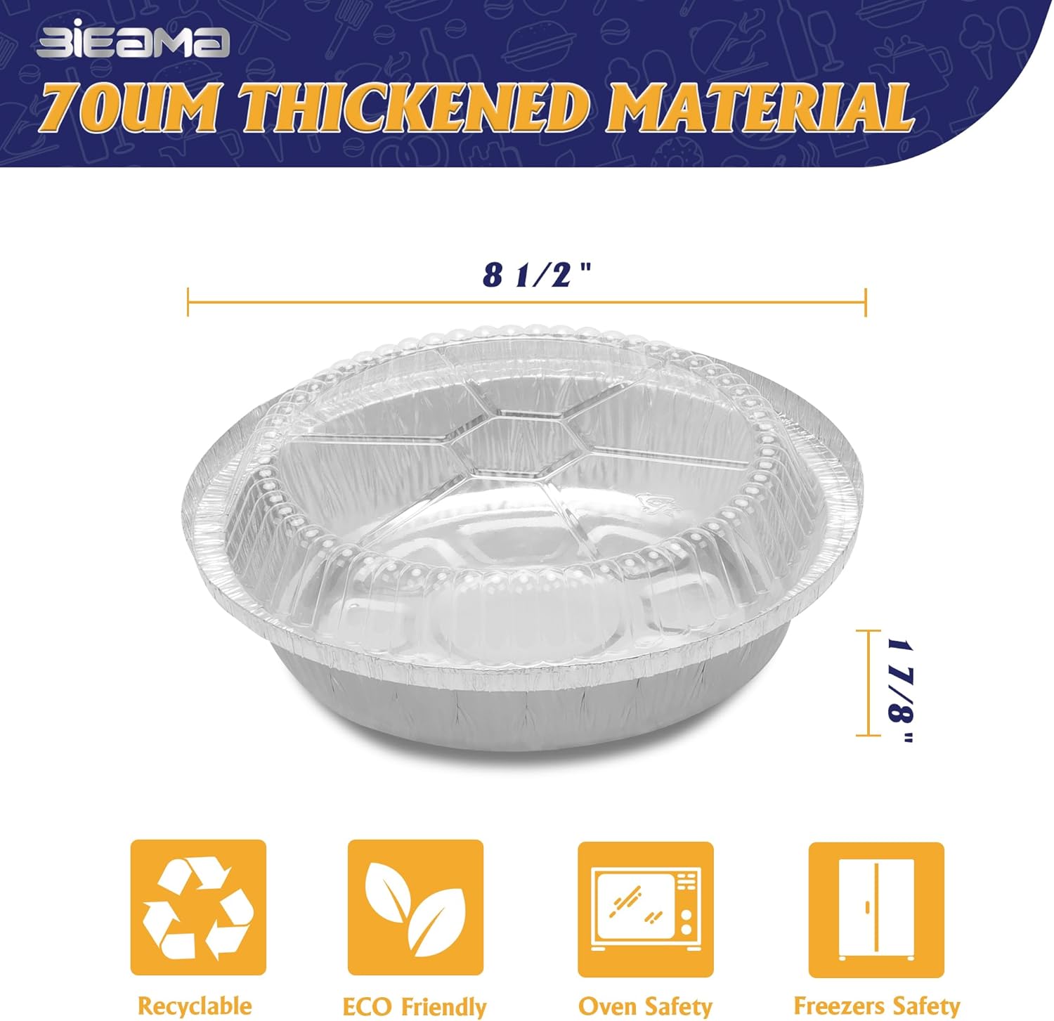 BIEAMA Paquete de 100 sartenes redondas de aluminio de 8 pulgadas con tapas de plástico, bandejas de aluminio desechables para hornear, cocinar,