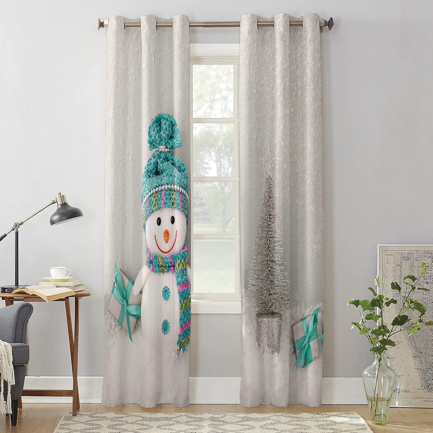 Libaoge Curtains Panels for Kitchen Modern Cute Smile Snowman with a Green Hat Gray Texture Window Curtains Light Filtering Grommet Top Drapes for