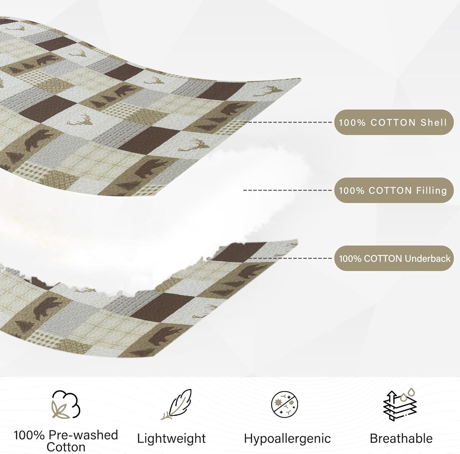 PERHOM Juego de edredón tamaño King  Juego de ropa de cama reversible de 100% algodón, diseño de mosaico marrón, bosque, oso, ciervo, retazos, con 2