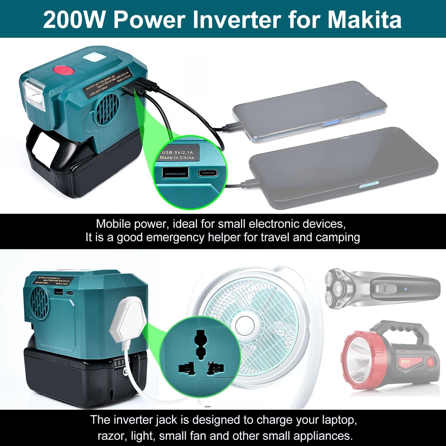 Inversor de corriente de 200 W para batería Makita de 18 V, con salida de CA y USBtipo C, luz LED de 200 lúmenes, 18 V CC a 120 V CA para