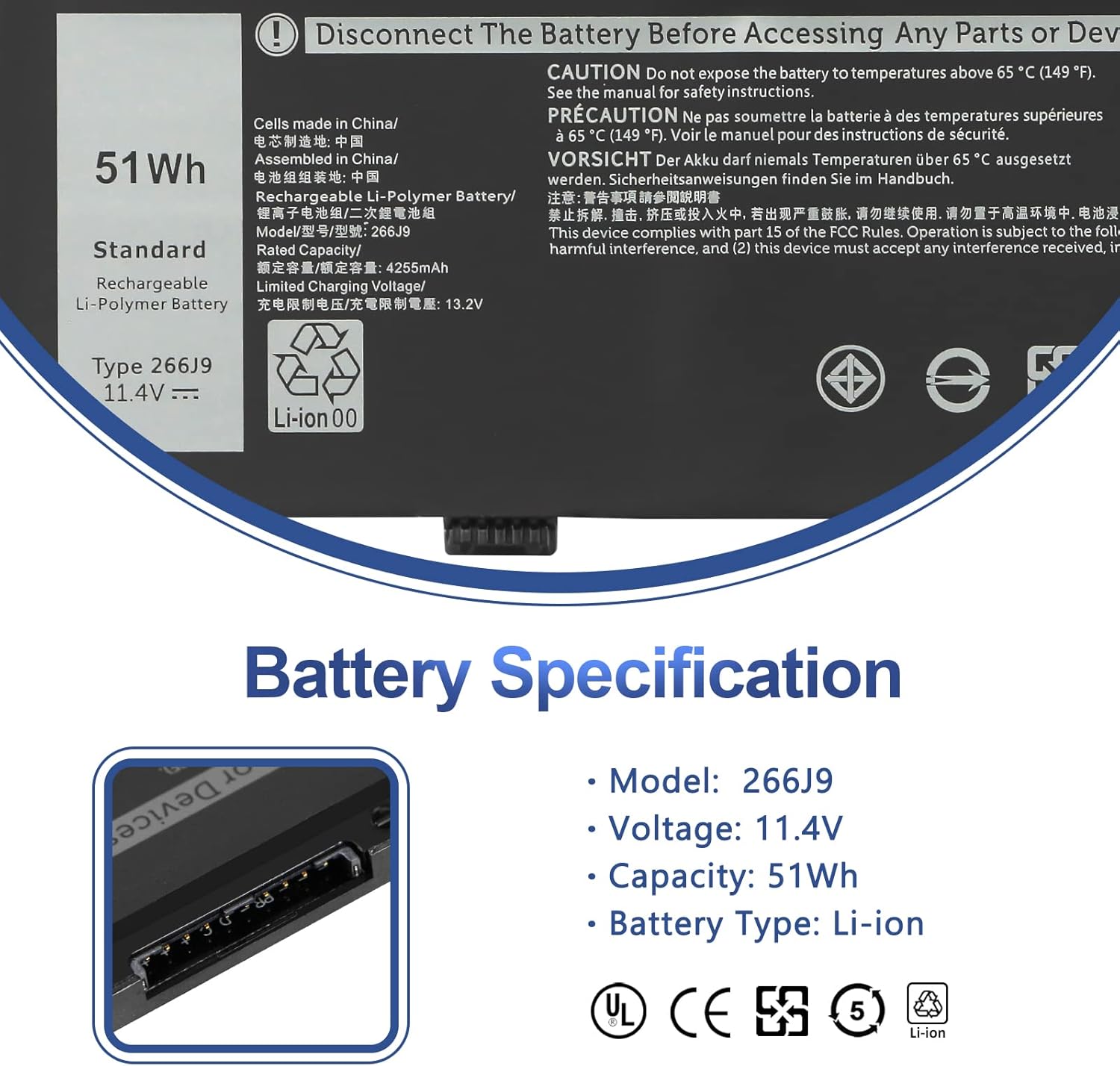 ANTIEE Batería de repuesto para laptop de 51 Wh 266J9 para Dell G3 15 3500G3 15 3590G3 15 3790G5 15 5500G5 SE 5505, Inspiron 14 5490 P89F P89F001