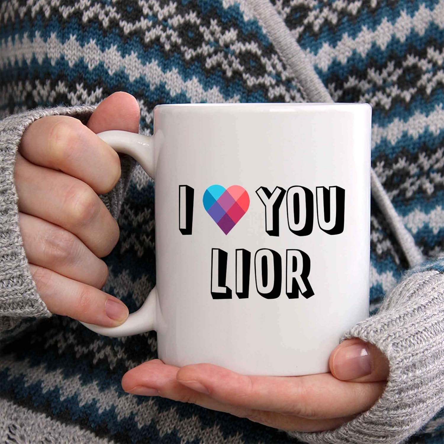 Taza de café con texto “I Love You Lior”