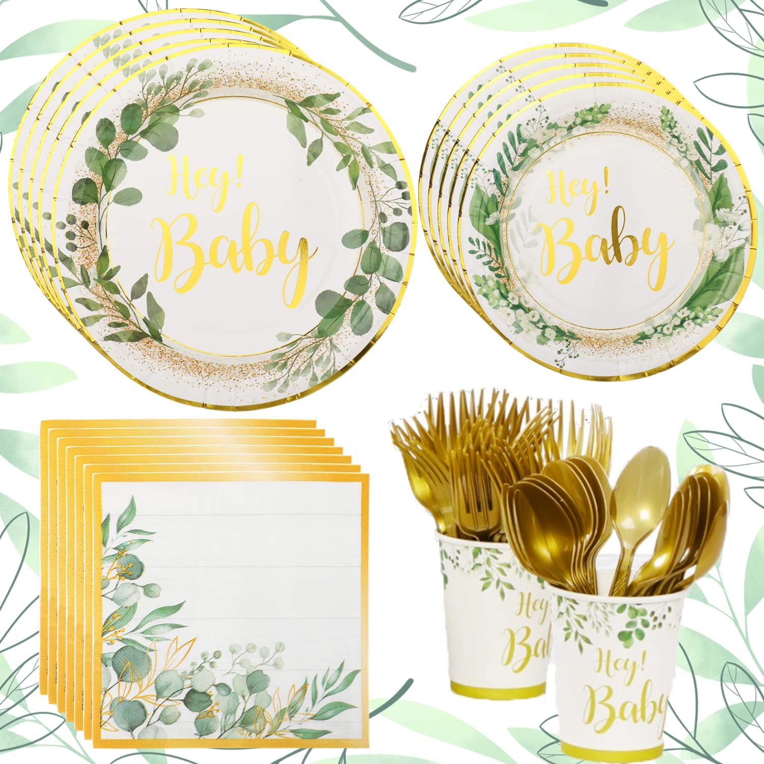 151 piezas de suministros para fiesta de baby shower, tazas de papel verde, platos, servilletas, cubiertos, kit para 25, decoración de vajilla