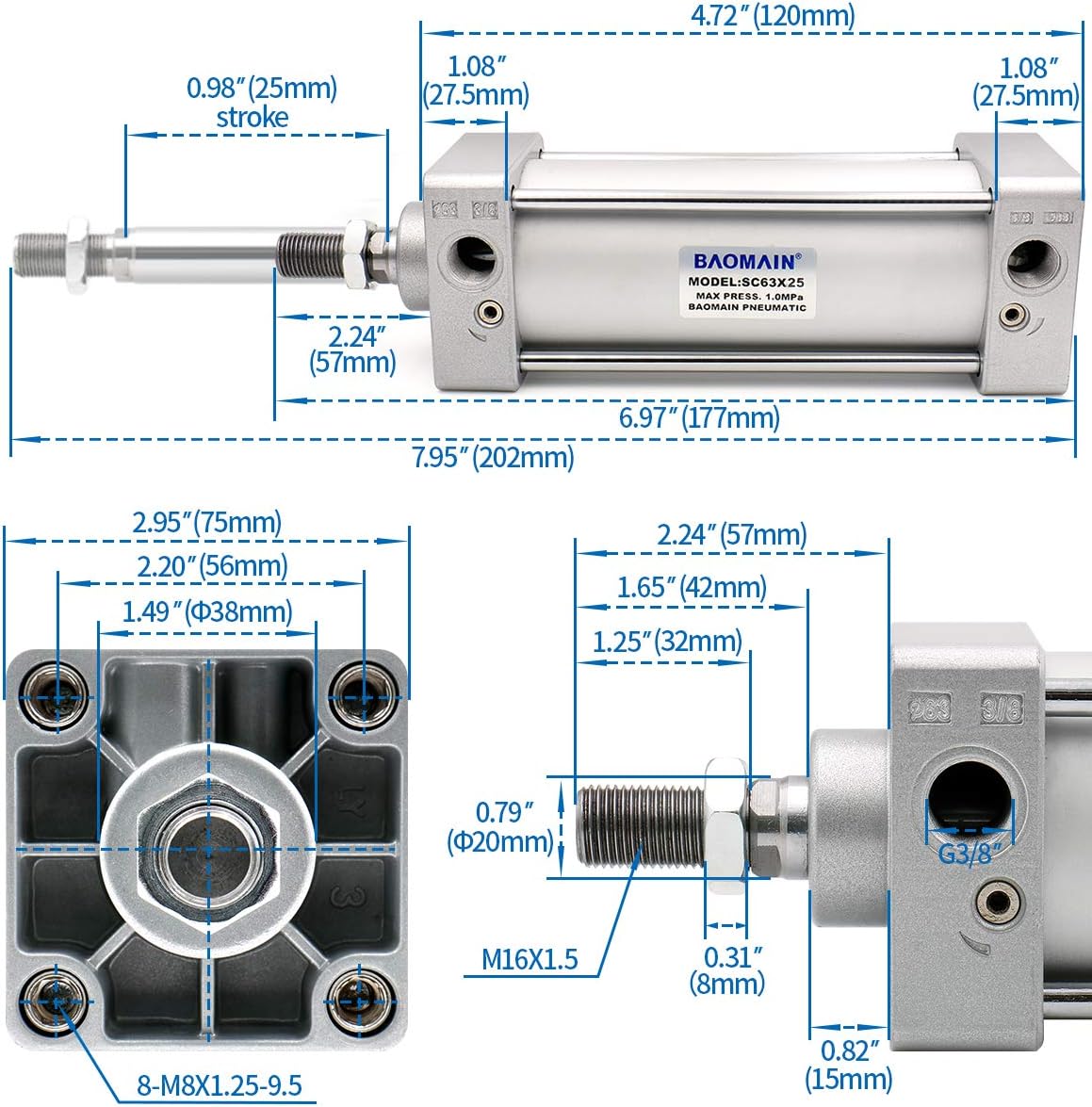 Baomain Cilindro neumático SC 63 X 25 PT38, Diámetro 2 12 pulgadas, Carrera 1 pulgada, Varilla de pistón atornillada de doble acción