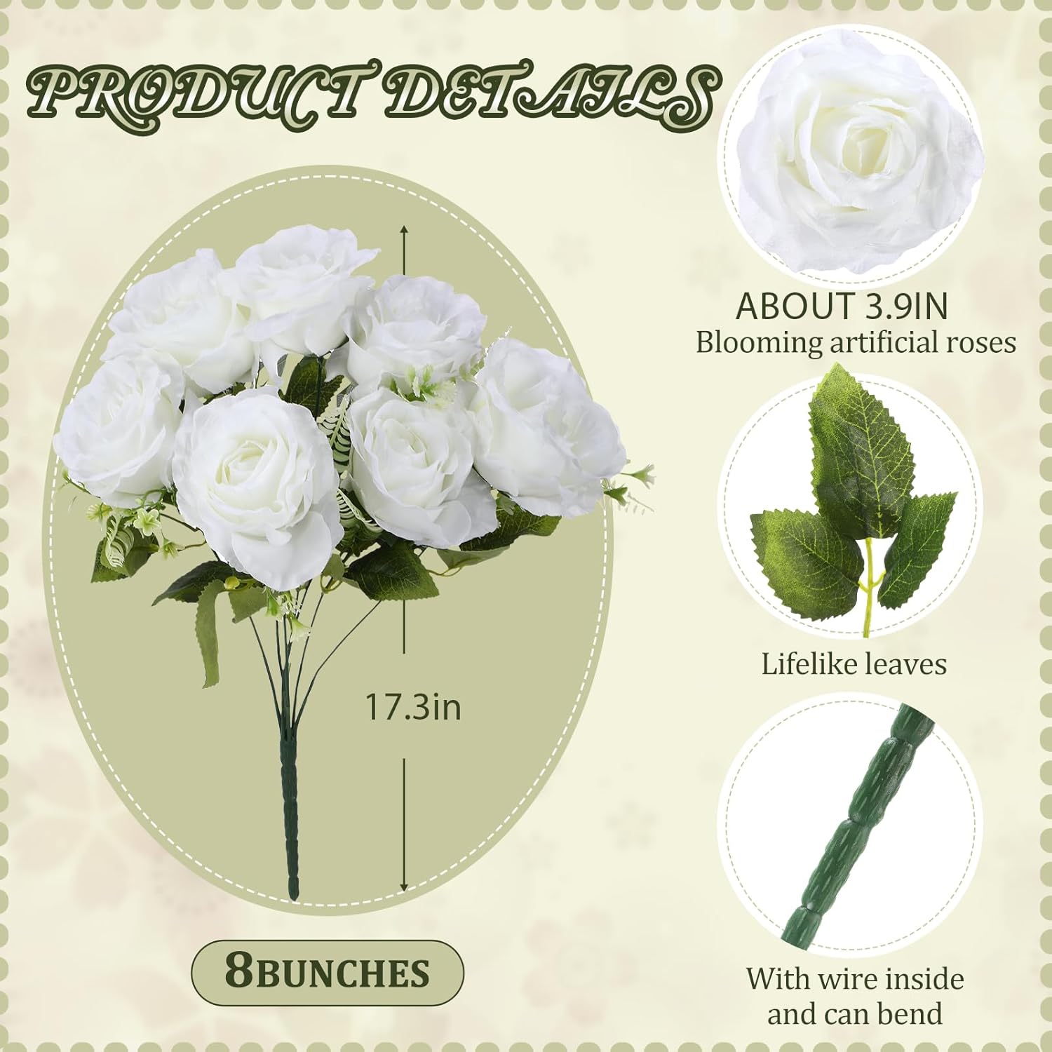 8 racimos de rosas artificiales de seda de 17.3 pulgadas, ramo de flores de rosas falsas, 56 cabezas de rosas artificiales, flores a granel con