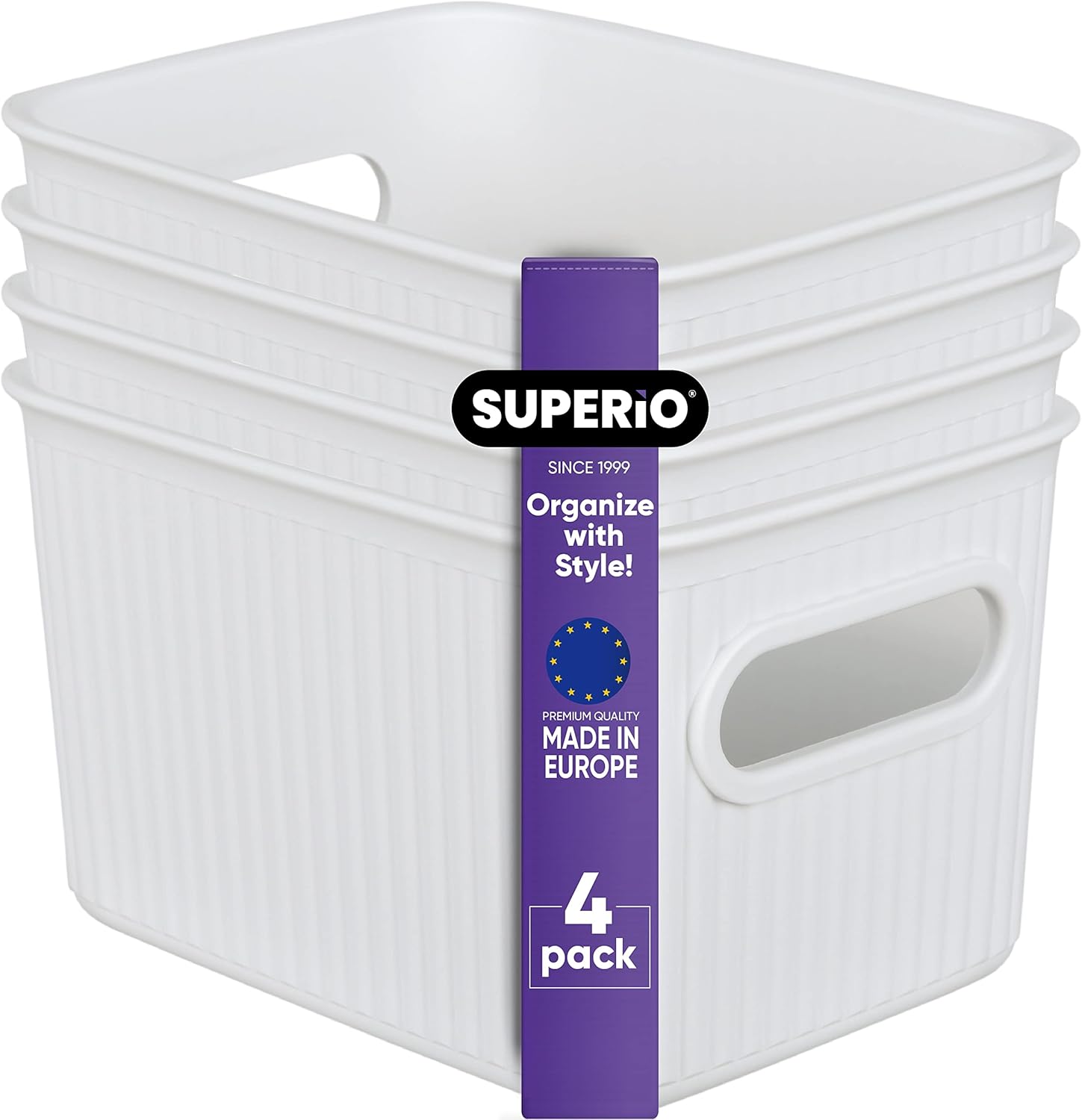 Superio Ribbed Collection – Canastas organizadoras de plástico decorativas abiertas para el hogar, pequeñas cajas blancas (paquete de 4) para