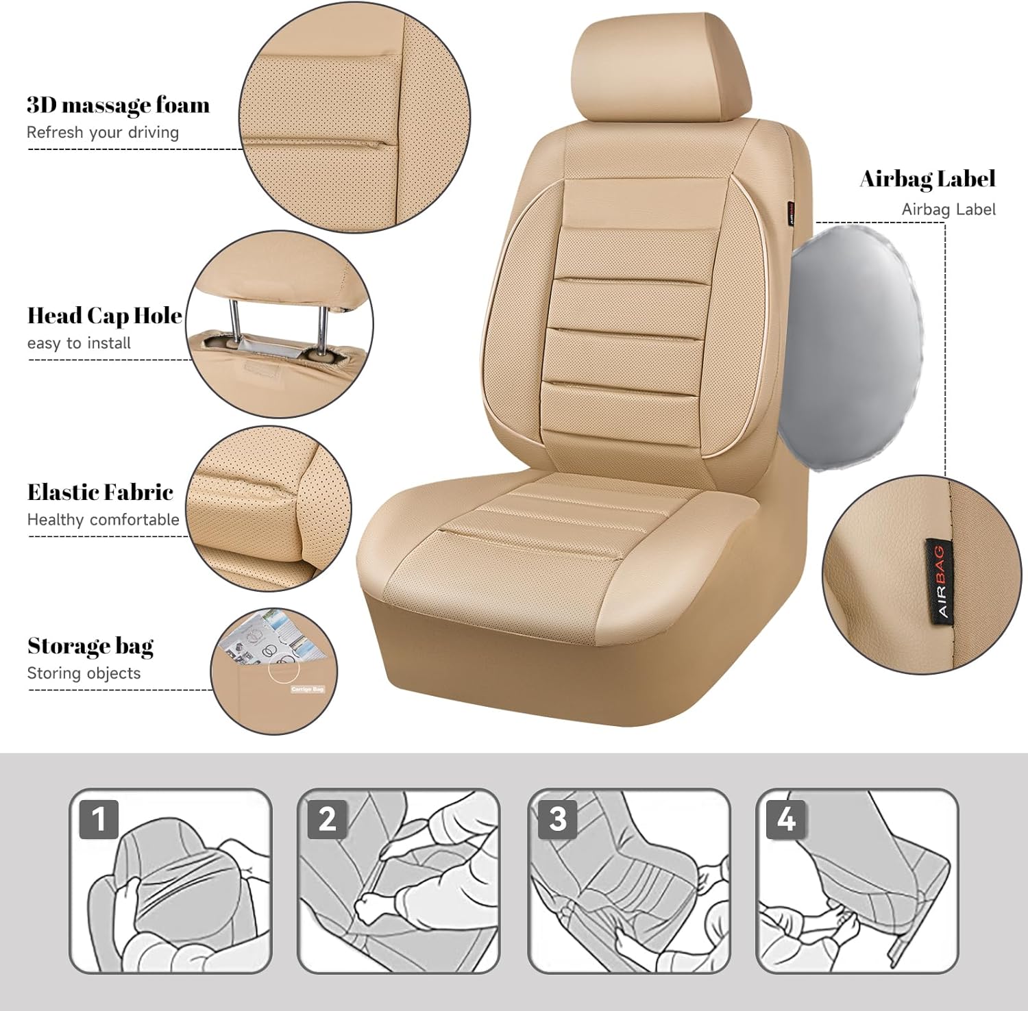 CAR PASS Juego completo de fundas de asiento de cuero, universal, resistentes al agua, soporte de respaldo de espuma 3D, comodidad de lujo, 5