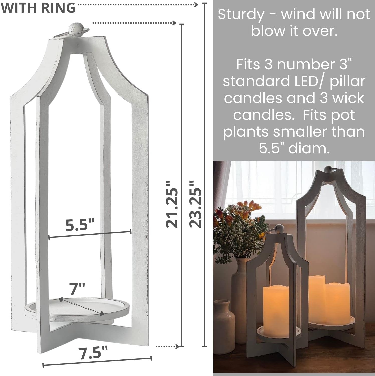 Portavelas tipo farol de granja, 23 pulgadas, con anillo incl para interiores y exteriores, rústico, portavelas de granja para velas de pilar, farol