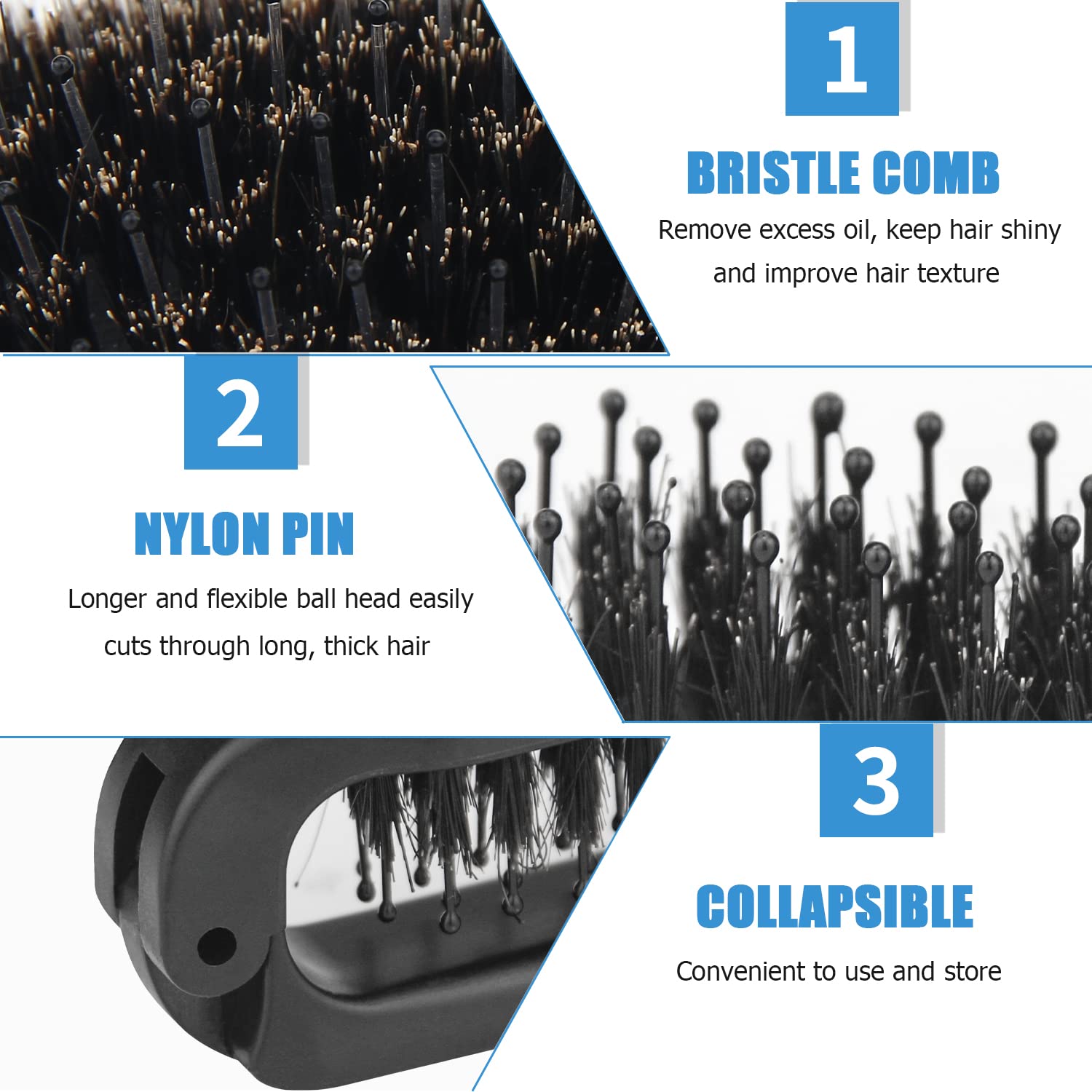 2 cepillos de pelo plegables de viaje, cepillo portátil plegable de cerdas de jabalí para cabello fino y grueso, mini cepillo de pelo para hombres,