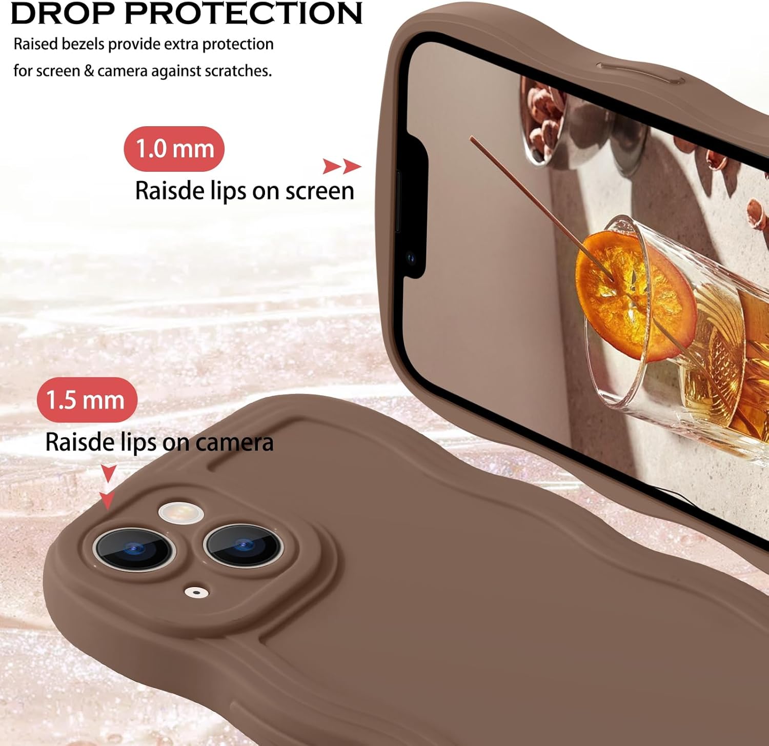 YINLAI Funda diseñada para iPhone 14, funda marrón para teléfono, bonita forma de marco ondulado rizado, para mujeres y niñas, delgada, suave, gel