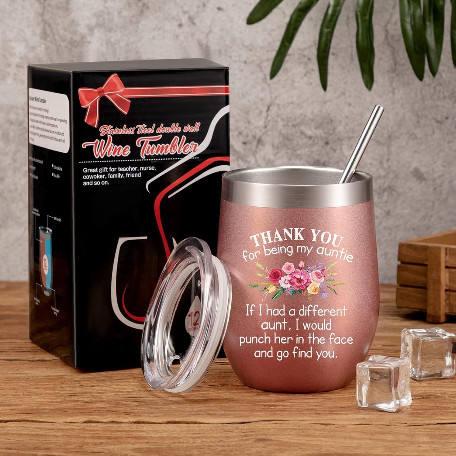 Taza de café aislada de acero inoxidable de 12 onzas con tapa, popote y cepillo para regalo de cumpleaños para la tía, regalo de cumpleaños de