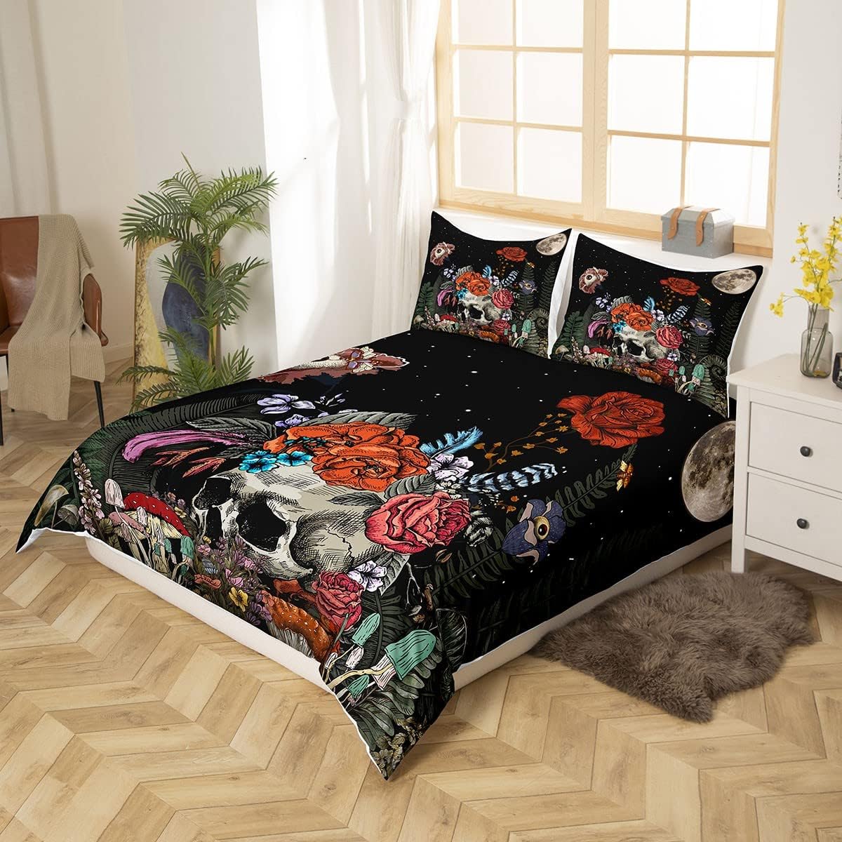 Erosebridal Juego de ropa de cama de calavera de azúcar, funda de edredón de flores botánicas para niños y niñas, decoración del hogar, funda de