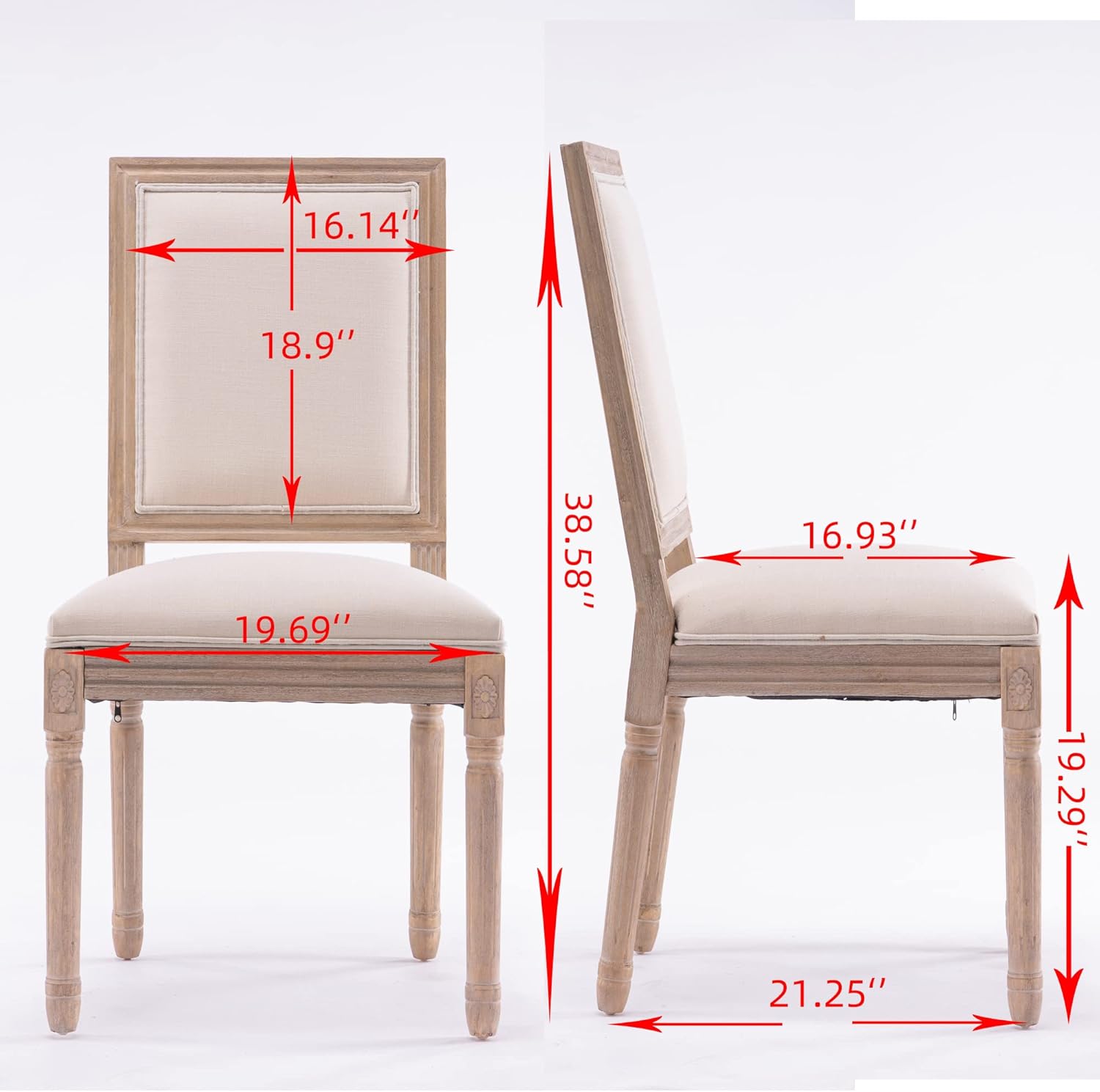 HomSof French Country Silla de comedor de madera con asientos tapizados para cocina, juego de 2, color beige