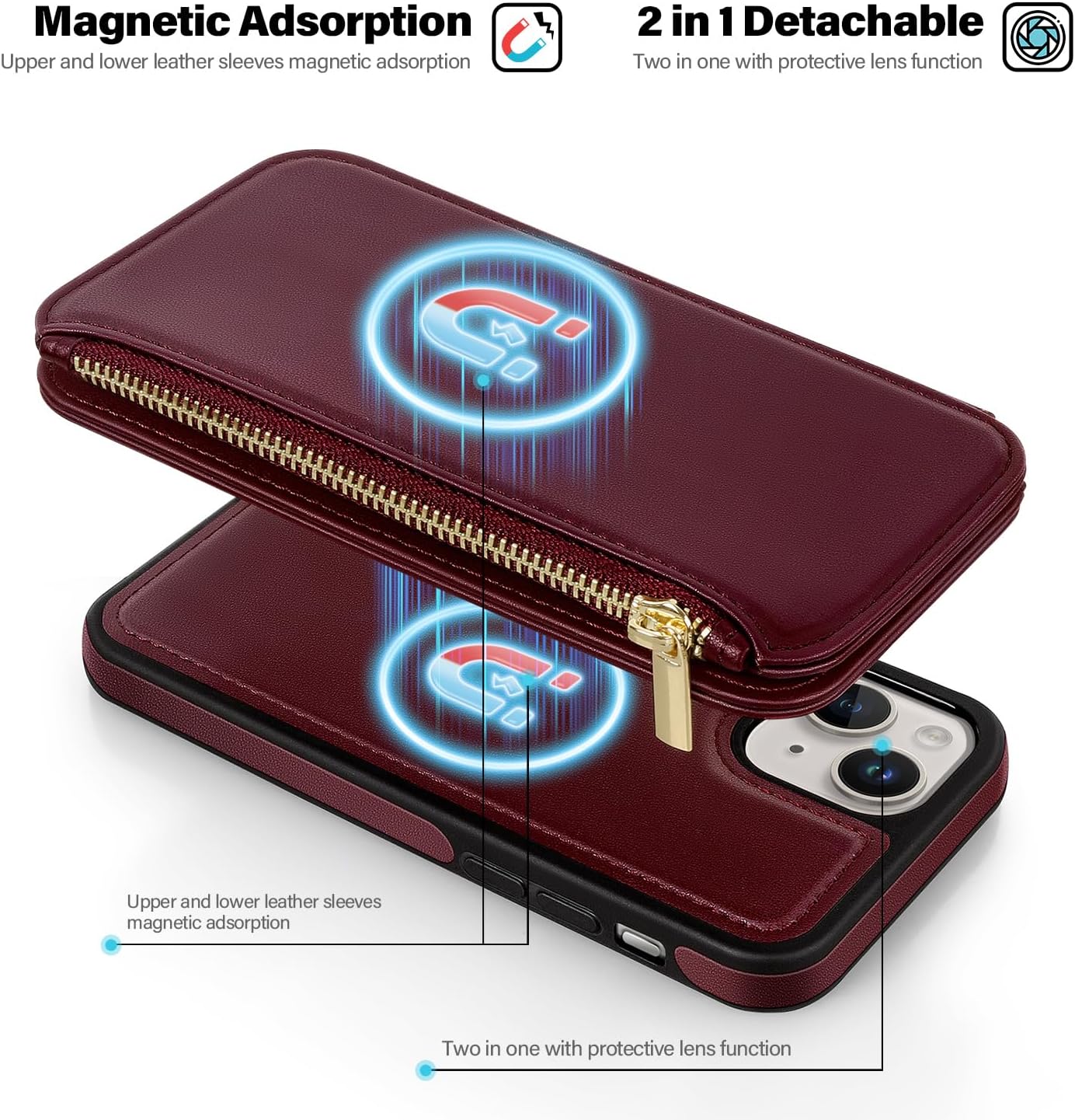 Antsturdy Funda tipo cartera desmontable 2 en 1 para iPhone 15 Plus con MagSafe, bloqueo RFID, magnética, carga inalámbrica, funda de piel