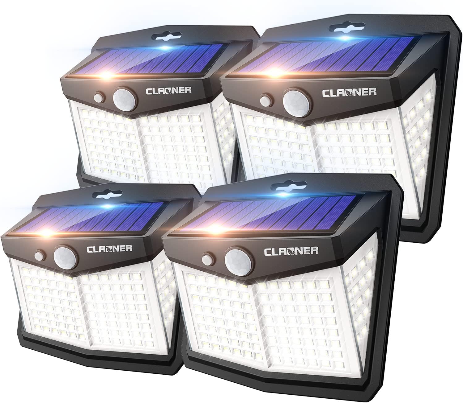 Claoner – Luces solares con sensor de movimiento 128 LED4 paquetes, luces para exterior con 3 modos de iluminación con 270 de angulo, para pared,