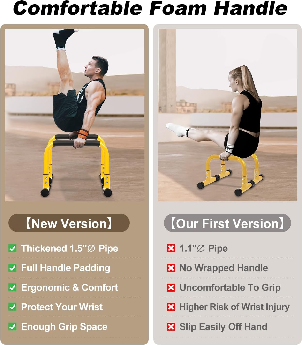 Push Up Bar, 14” High Steel Parallettes & Dip Bar with Full Coverage Foam Handle, Heavy-Duty Calisthenics Parallel Bars for L-Sit, Dips, Home Gym