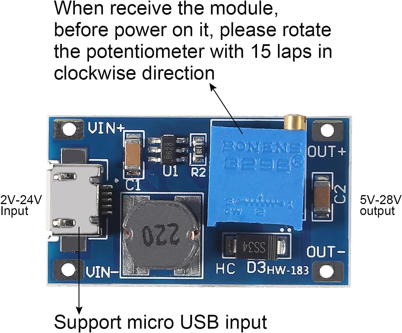 MT3608 DC a DC Step Up Boost Converter, MELIFE MT3608 con regulador de voltaje Mico USB DC ajustable Step Up Boost Converter Voltaje de potencia