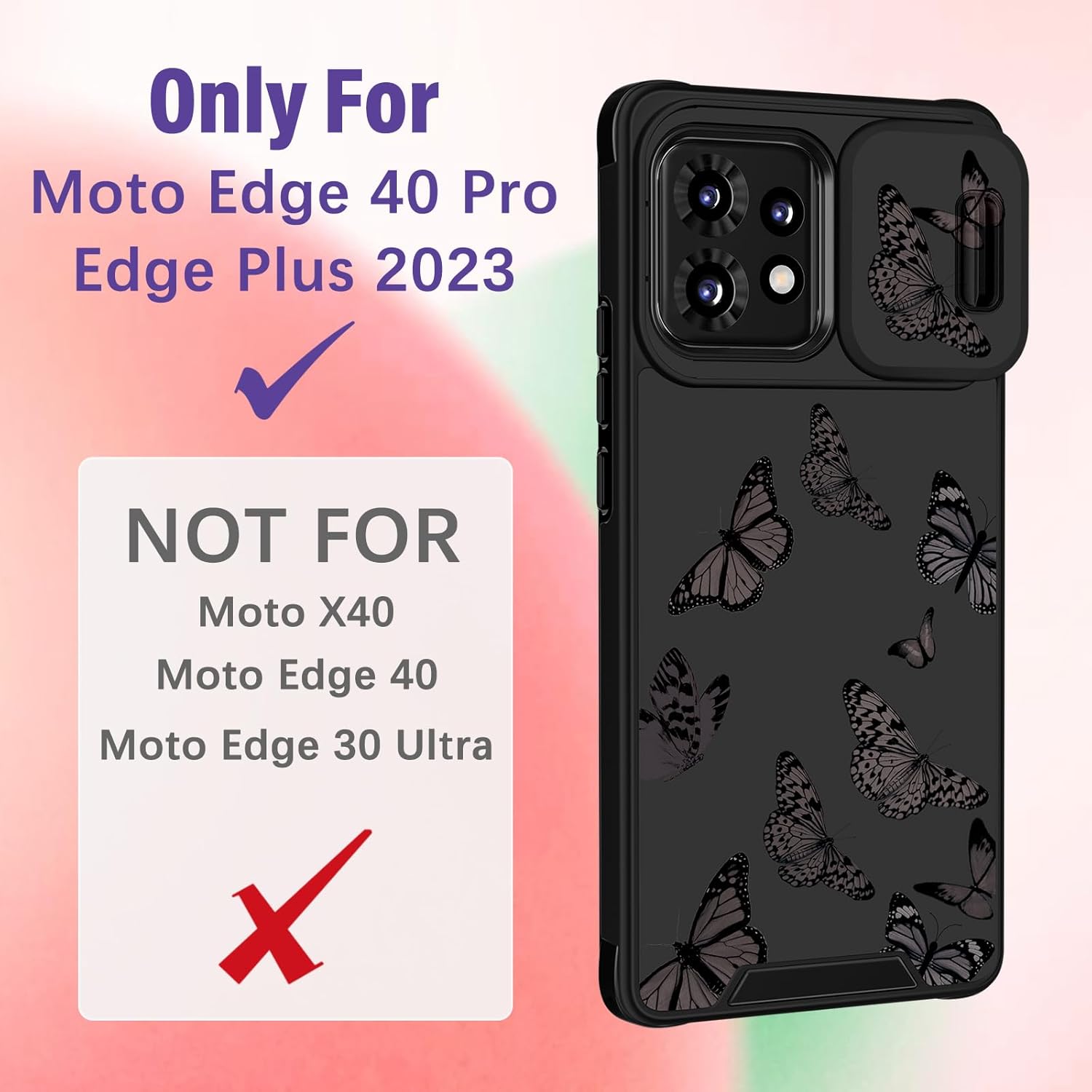 Funda 2 en 1 para Motorola Edge Plus 2023 con diseño de mariposas para mujeres, linda funda de teléfono para niñas, diseño de mariposas negras con
