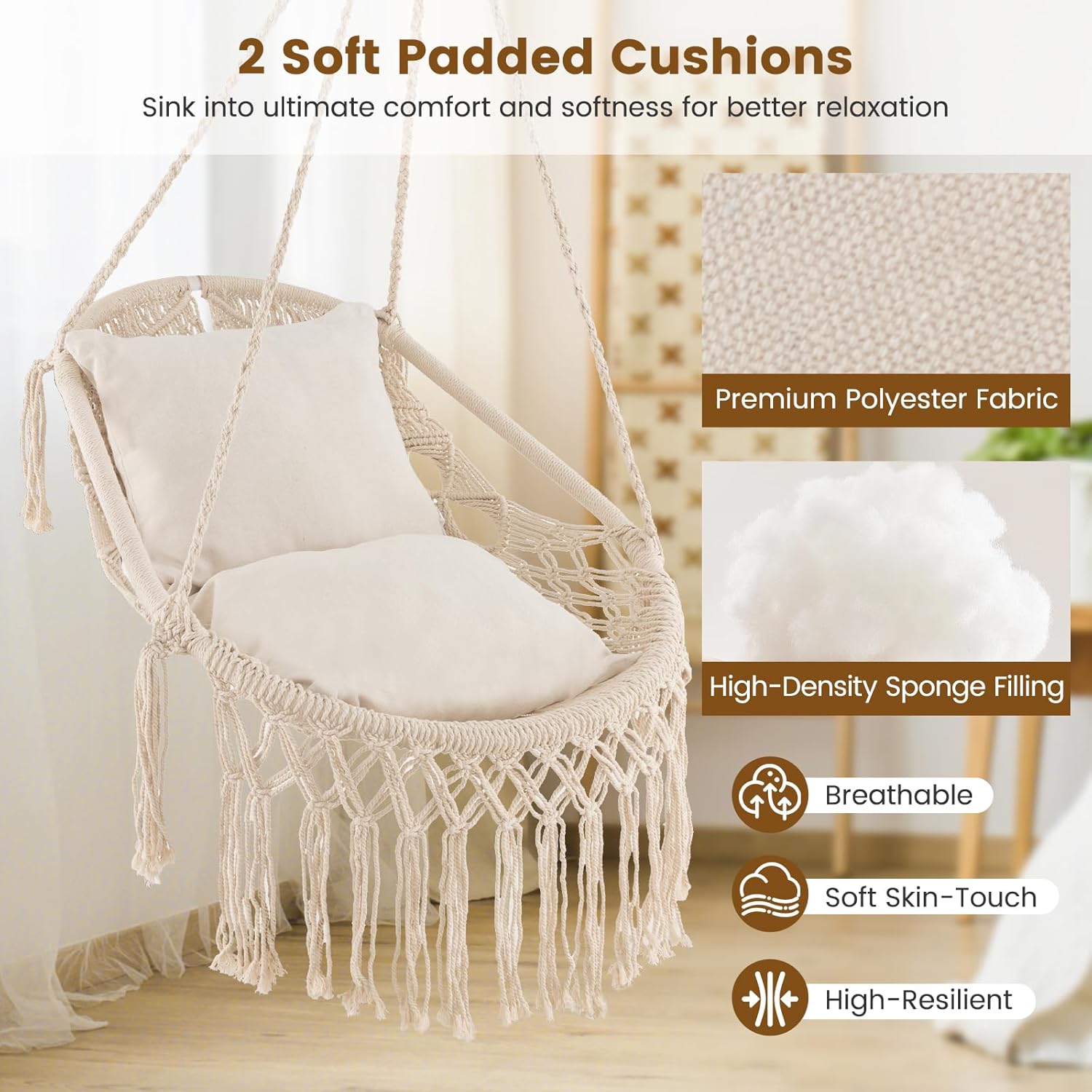 Tangkula Silla hamaca colgante, hamaca de estilo bohemio con 2 cojines suaves, borlas, accesorios de montaje, silla colgante de cuerda de algodón