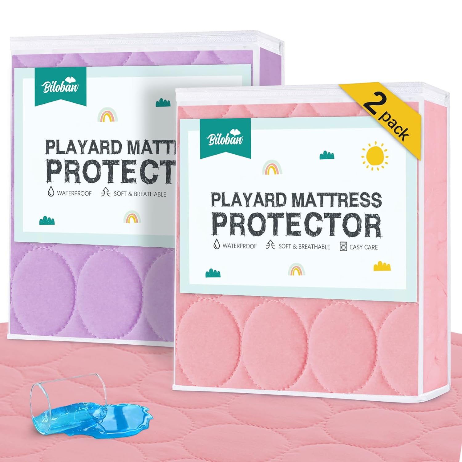 Pack and Play – Juego de 2 sábanas bajeras acolchadas, funda protectora de colchón de corral de 39 x 27 pulgadas, se adapta a colchón plegable y de