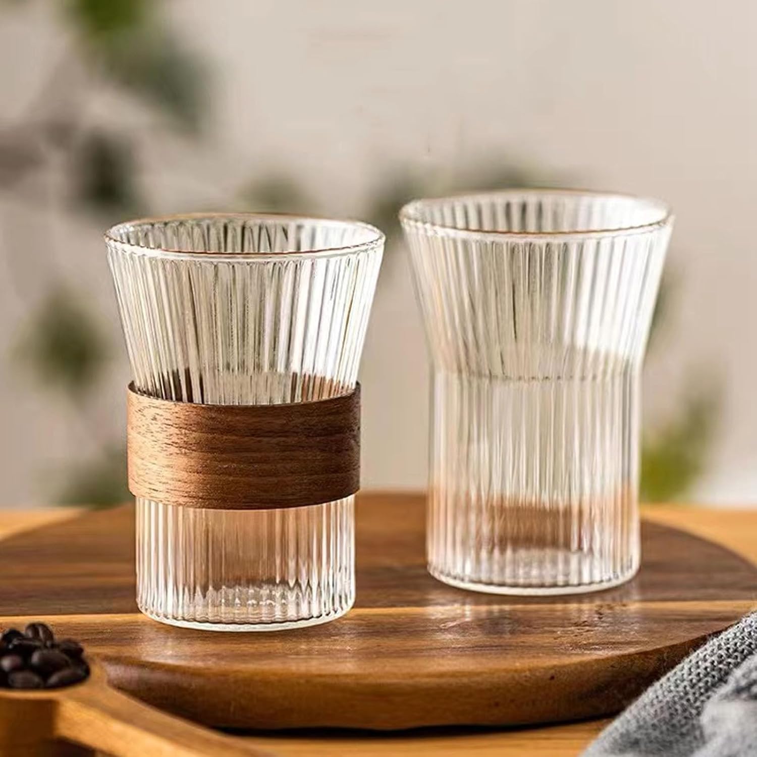 Taza de café de vidrio de 11 oz con anillo antideslizante de madera, apto para moca de boca ancha, café con leche, capuchino hielo caliente (4