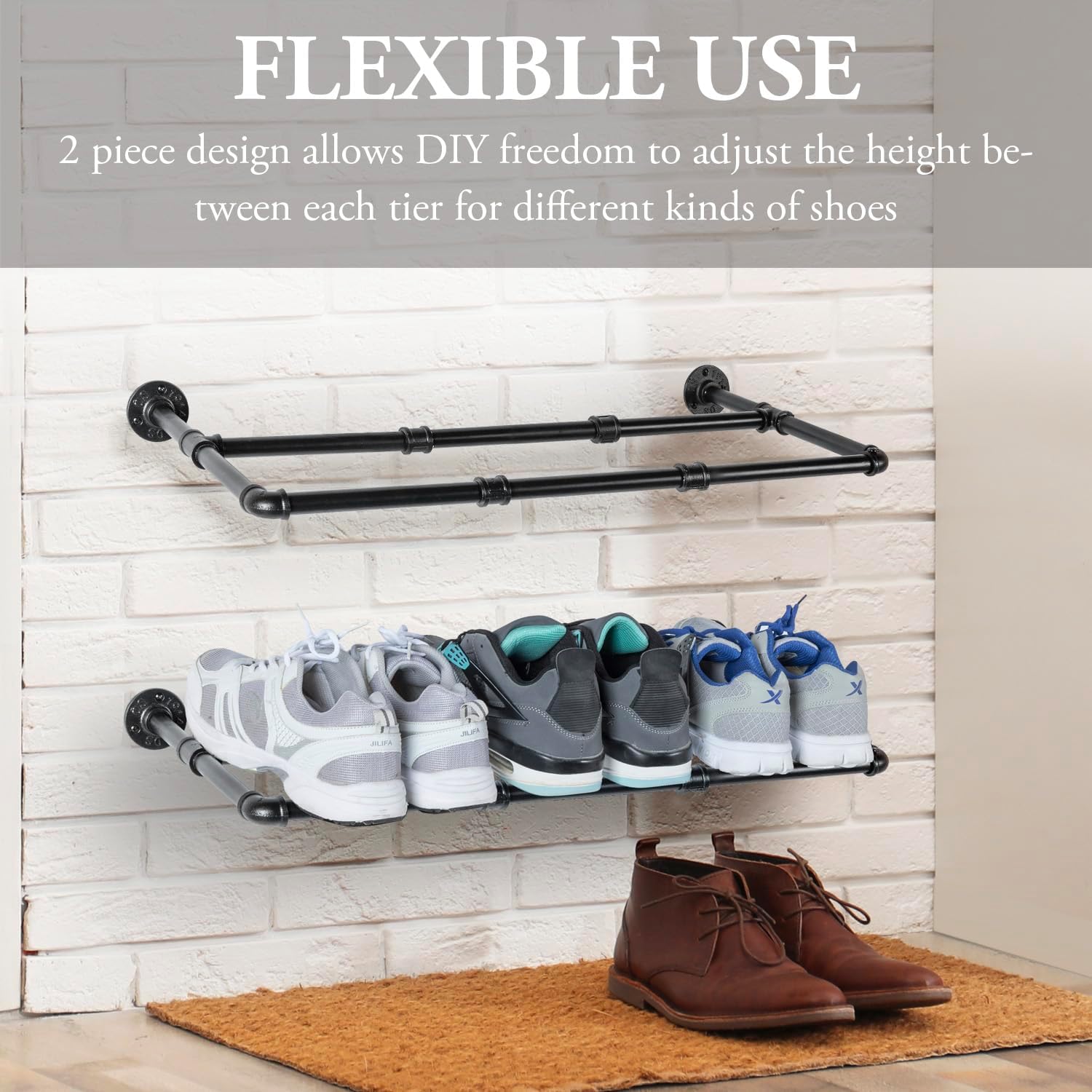 MyGift Juego de 2 estantes industriales de metal negro mate para colgar zapatos y botas, montaje en pared, ahorro de espacio para almacenamiento de