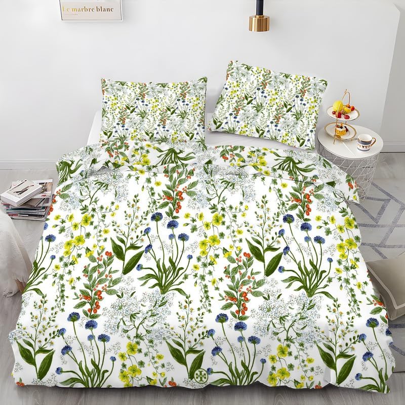 White Floral Duvet Cover Full Flowers Print Bedding Sets Full Soft Microfiber Comforter Cover and 2 Pillow Shams 20″X26″, Bed Set Duvet Covers with