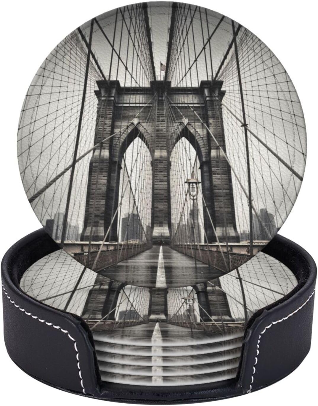 Brooklyn Bridge – Juego de 6 posavasos redondos de cuero para taza de café, café, hogar, bar, oficina, juego de 6