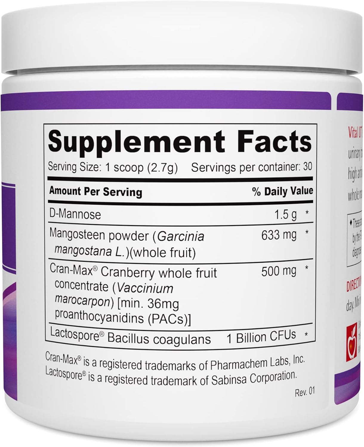 Wellness Resources Vital UT Suplemento para el tracto urinario con arándano (36 mg PAC), d-manosa, mangostán y probiótico LactoSpore (30 porciones,