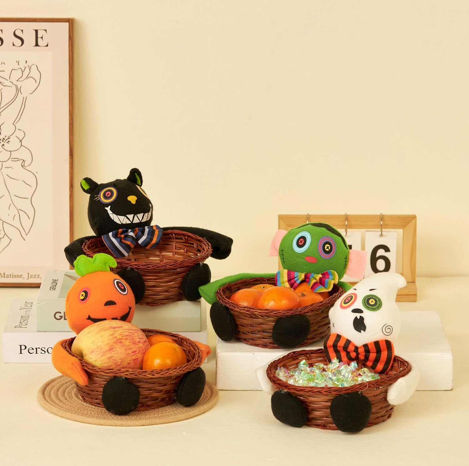 Plato para dulces de Halloween, calabaza, fantasma, gato negro, cesta de almacenamiento de caramelos de ratán para Halloween, bandeja para