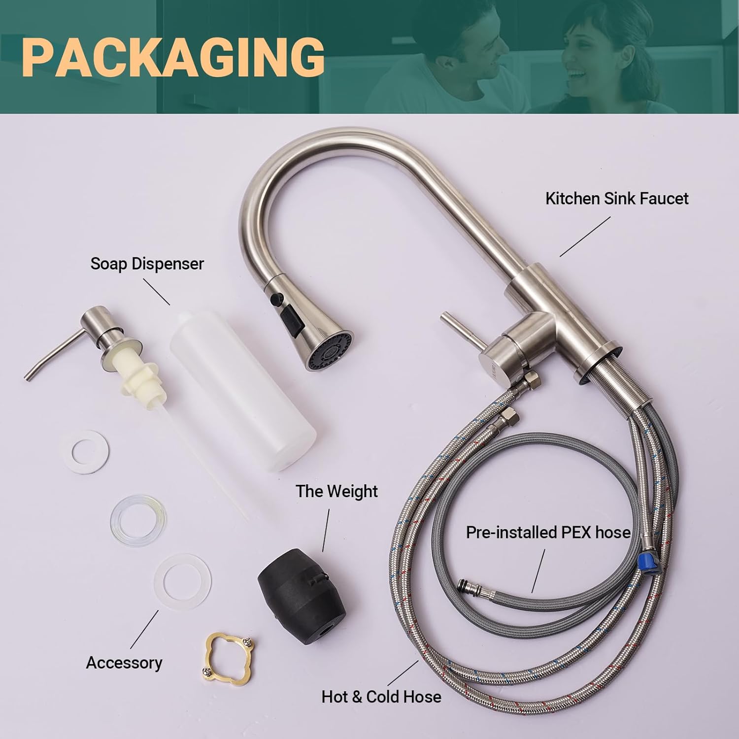 APPASO Grifo de cocina con dispensador de jabón, grifo de cocina de níquel cepillado con rociador desplegable (3 modos), acero inoxidable 304 de