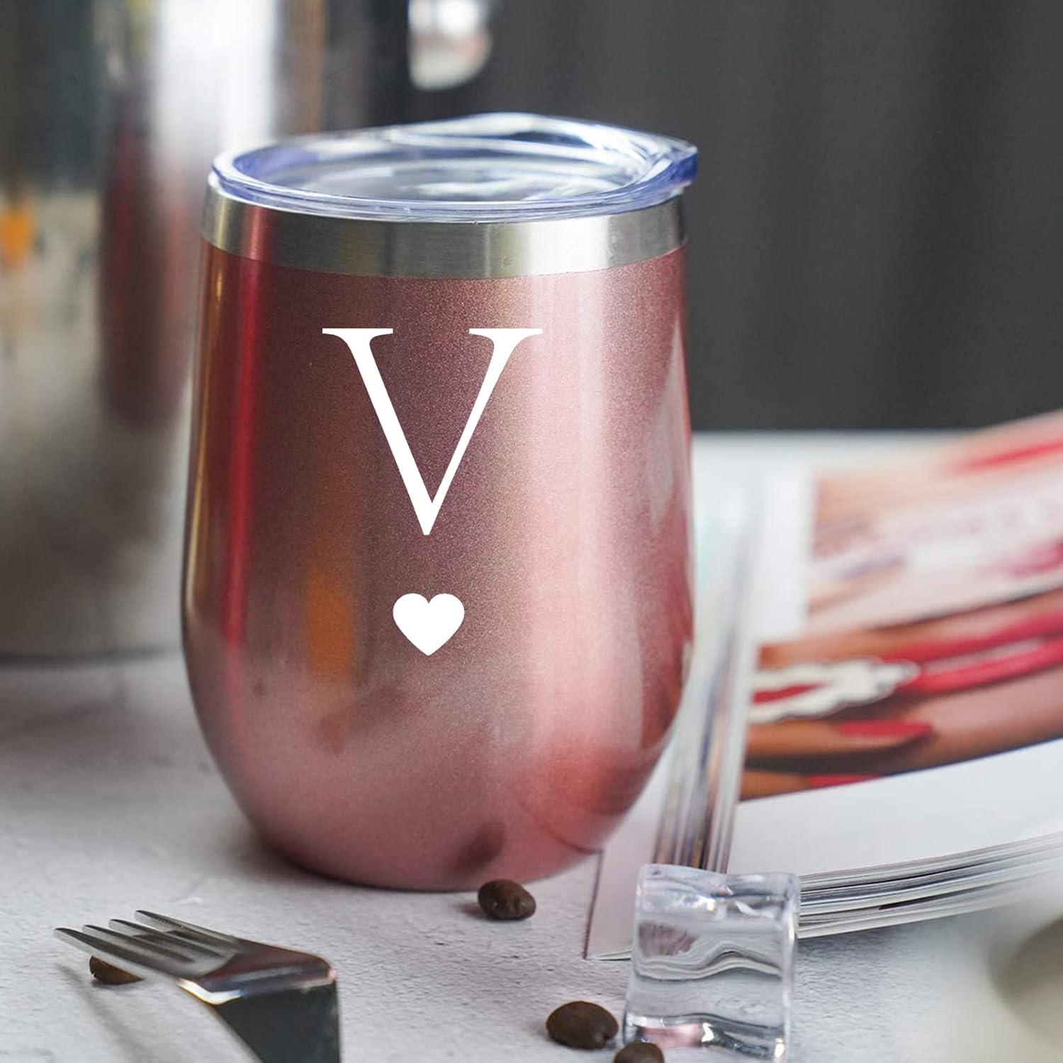 Regalos iniciales personalizados, vaso de vino de acero inoxidable de 12 onzas con cepillo para pajilla, taza insultada de oro rosa, regalo de boda,