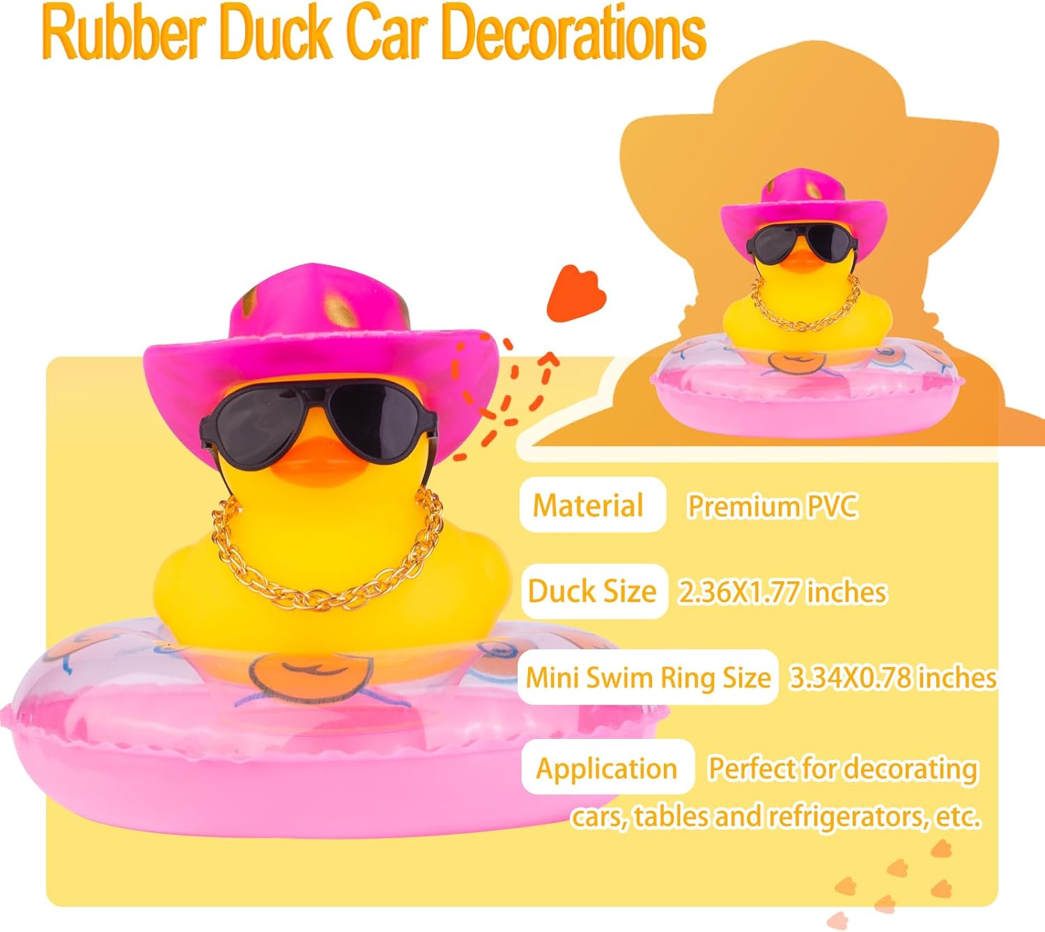2 adornos de pato para automóvil, decoración de tablero de automóvil de pato amarillo con mini anillo de natación, collar de sombrero de vaquero y