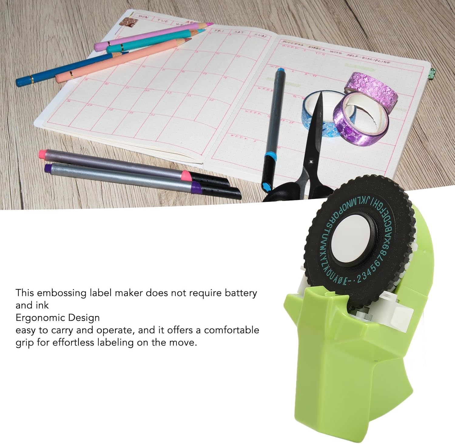 Pssopp Máquina de etiquetas en relieve, 3D fácil de usar para hacer etiquetas en relieve con cintas para oficina, hogar y bricolaje (verde)