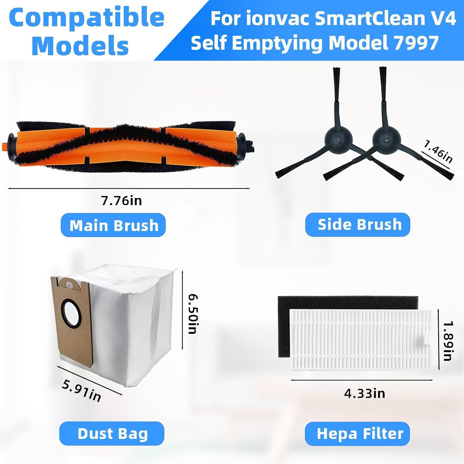 Accesorios de repuesto para Ionvac SmartClean V4 – Kit de piezas de repuesto para aspiradora robot de vaciado, 2 cepillos de rodillo principal, 6