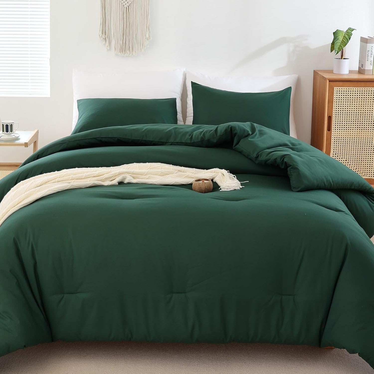 ROSGONIA Edredón verde esmeralda tamaño matrimonial para niñas, niños y adolescentes (1 edredón verde bosque oscuro y 2 fundas de almohada), juego