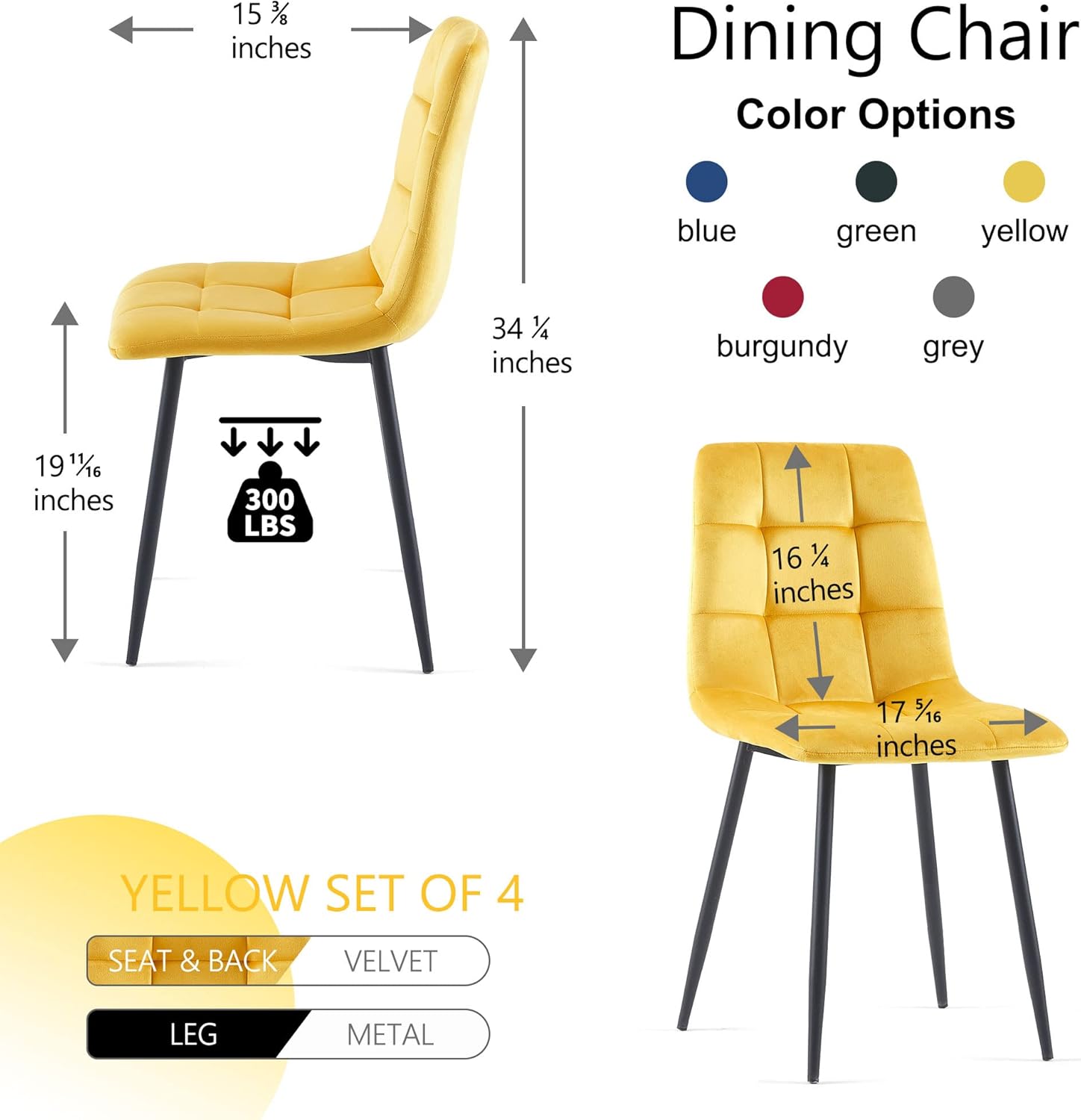 NORDICANA Juego de 4 sillas de comedor de terciopelo amarillo, modernas sillas auxiliares de comedor con patas de metal para cocina, sala de estar,
