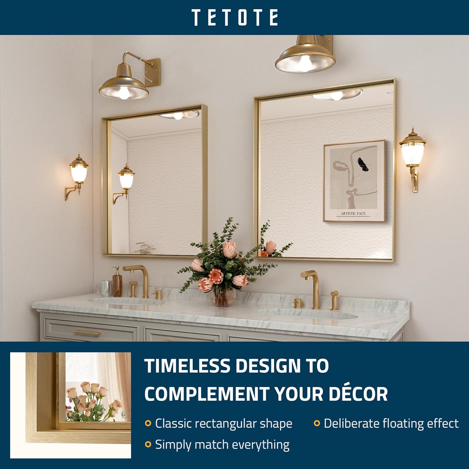 TETOTE Espejo con marco dorado para pared de baño, 30 x 36 pulgadas, rectangular, latón cepillado, marco de metal dorado, espejo de tocador moderno,