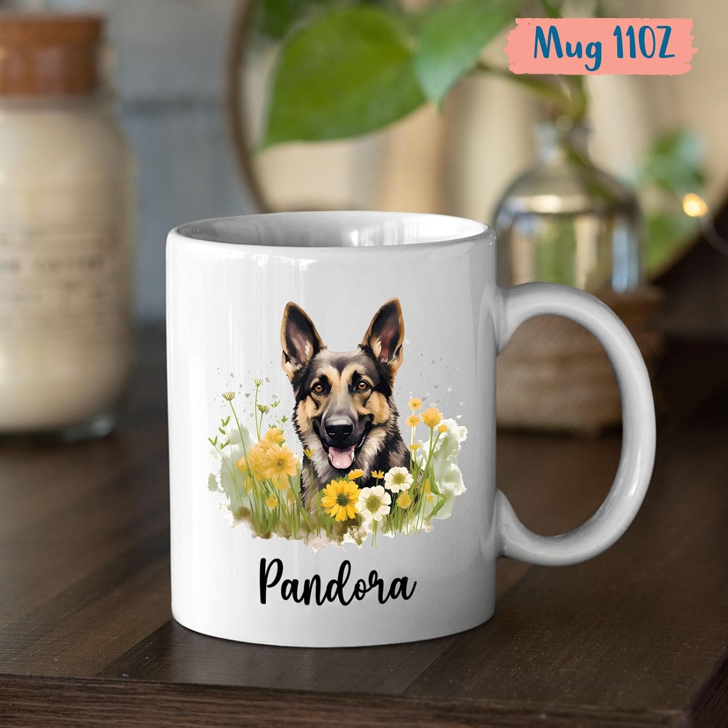 Taza de café de perro de pastor alemán con flores, tazas para mascotas, tazas para amantes de los perros, taza de cerámica personalizada con nombre,