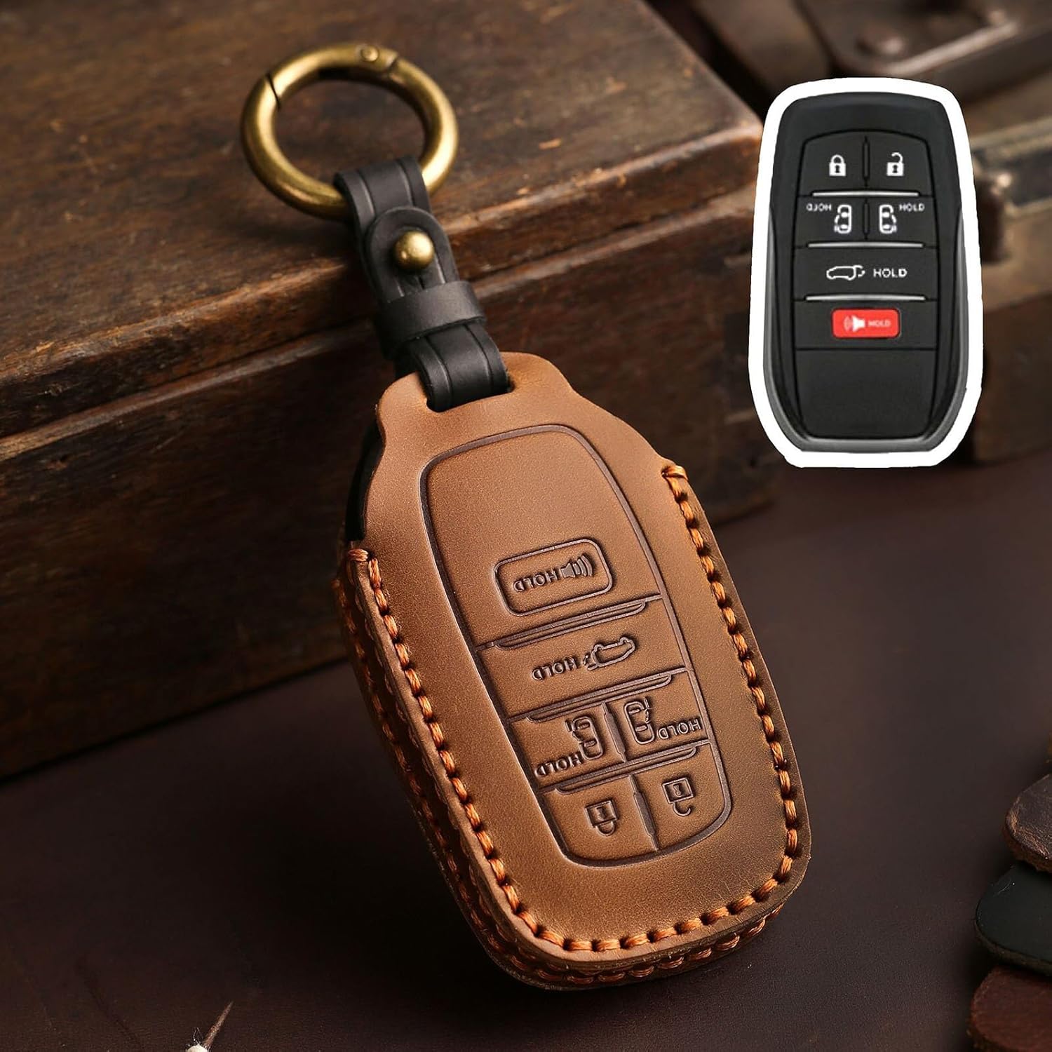 Funda de cuero prémium para llavero de automóvil para Toyota con llavero compatible con Sienna, Marrón