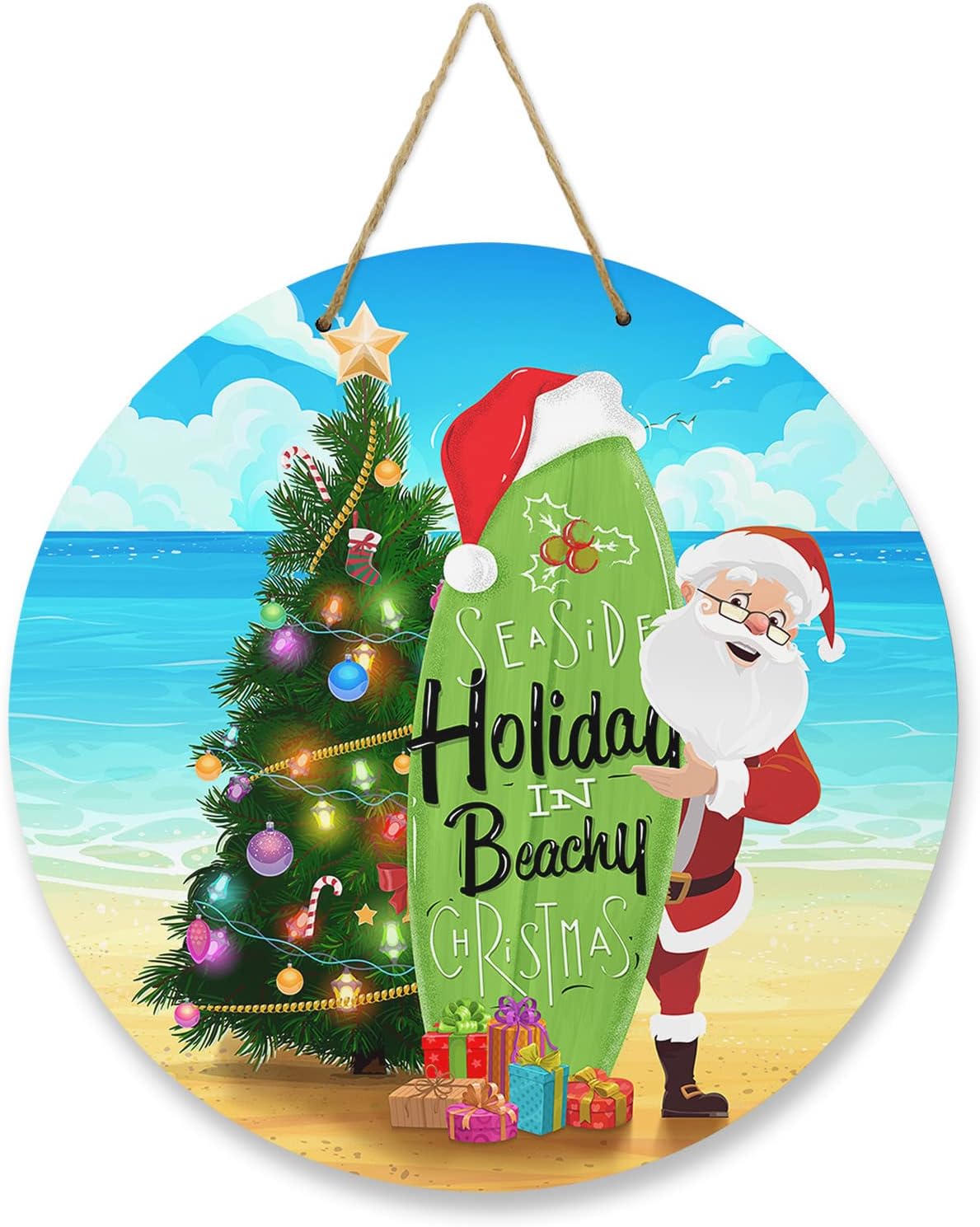 Letrero de bienvenida para decoración de puerta delantera, árbol de Navidad, Papá Noel, tabla de surf, coronas de 10 pulgadas, decoración navideña