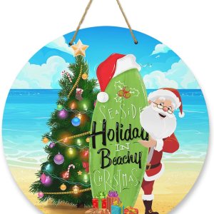 Letrero de bienvenida para decoración de puerta delantera, árbol de Navidad, Papá Noel, tabla de surf, coronas de 10 pulgadas, decoración navideña Letrero de bienvenida para decoración de puerta delantera, árbol de Navidad, Papá Noel, tabla de surf, coronas de 10 pulgadas, decoración navideña