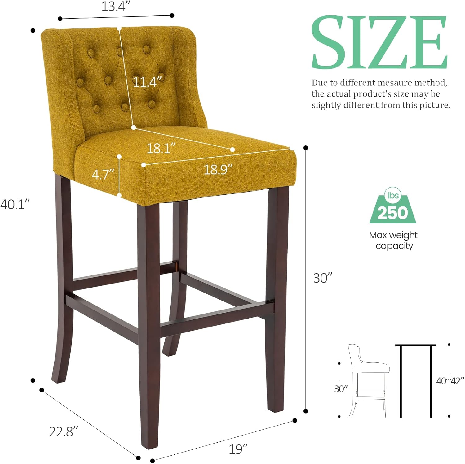 Brage Living Taburete de bar de 30 pulgadas, taburete de bar de tela de lino con botones y patas de madera maciza, silla de bar tapizada sin brazos