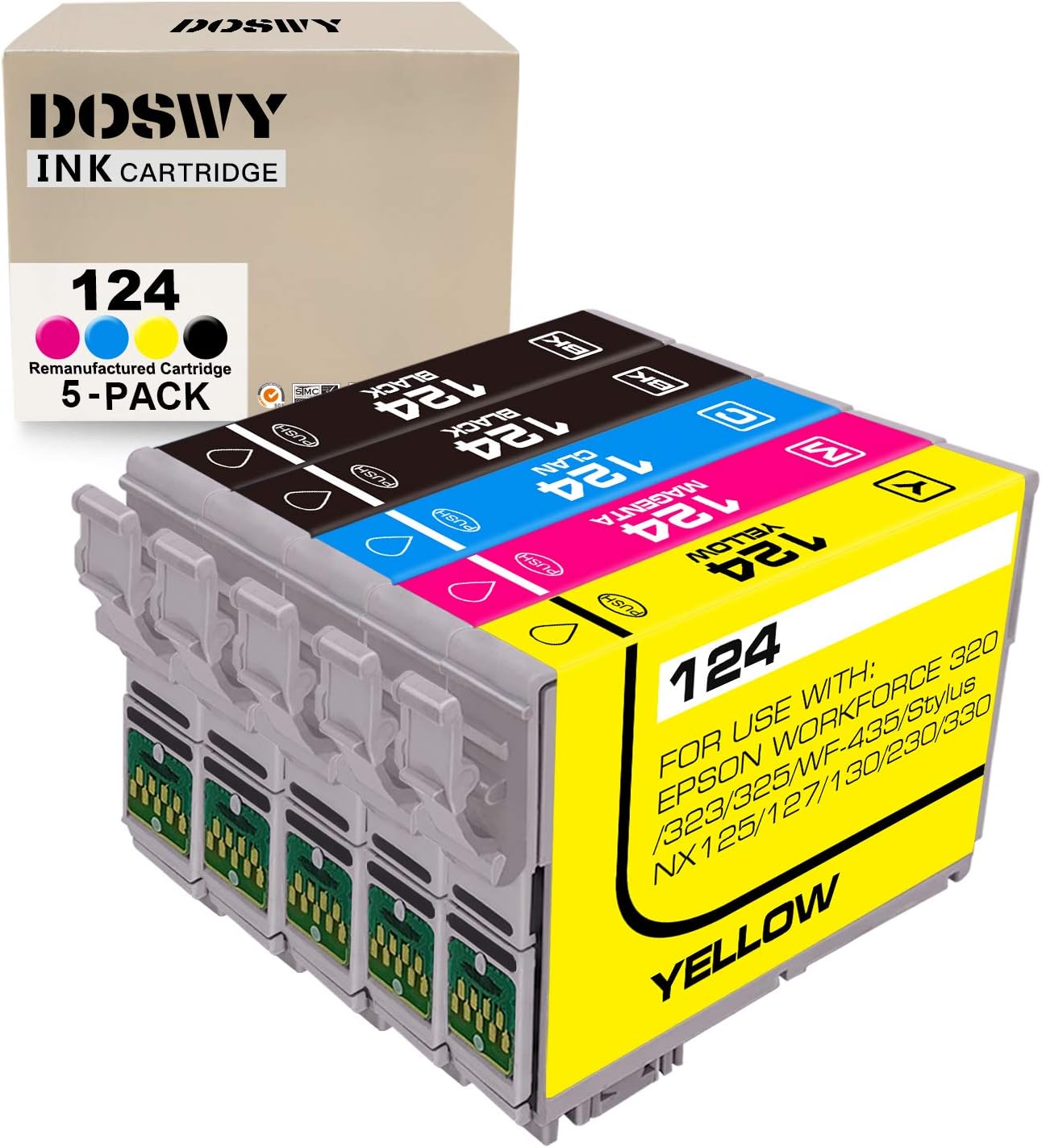 Doswy Paquete de 5 cartuchos de tinta remanufacturados T124 de repuesto para Epson 124 uso para Epson Stylus NX125 NX127 NX130 NX230 NX330 NX420